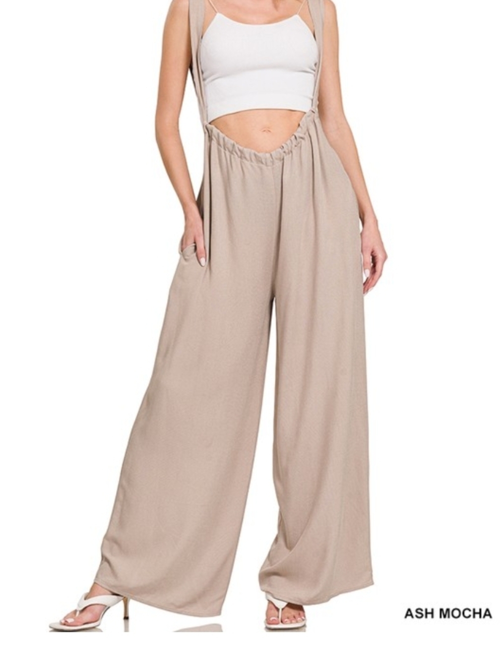 Zenana Wide-Leg Suspender Jumpsuit Pants in Ash Mocha Size Small ÑWT